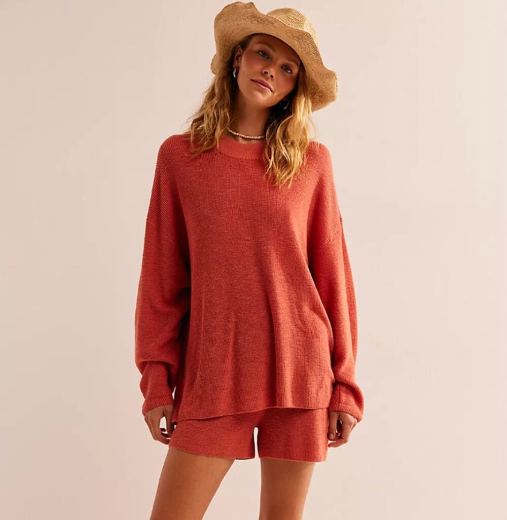 FREE PEOPLE Malibu Solid Surf Crewneck Sweater Red Pink Small S